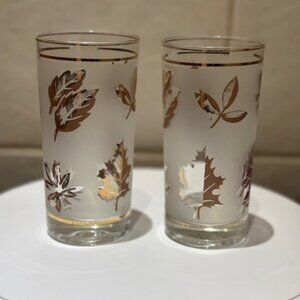 Set Of 2 Vintage Libbey Frosted Gold Leaf Foliage Glasses 5 inches tall 8oz